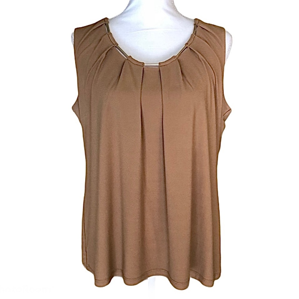 Charter Club Gold Metal Ring Neck Pleated Sleeveless Top Blouse Tan XL Office